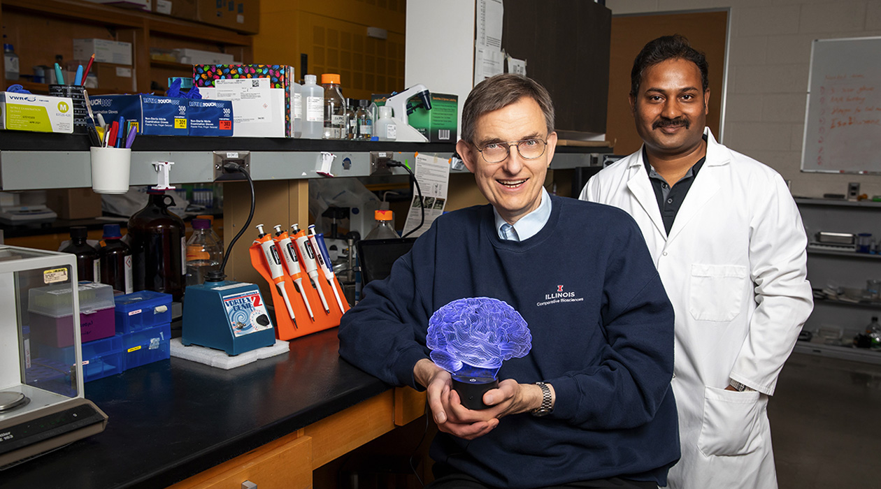 Illinois professor Uwe Rudolph, left, and research scientist Maltesh Kambali led an international group of researchers who found a key role for an enzyme regulating glycine in the brain while investigating a rare genetic mutation found in two patients with schizophrenia. Photo by Michelle Hassel