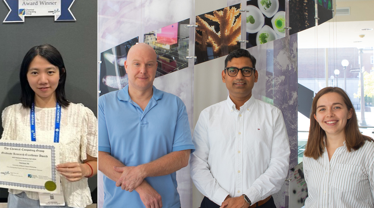 Left image: First author of the study Xuenan Mi received an award in 2024 for her work on LassoESM. Right image: Professor Doug Mitchell, Professor Diwakar Shukla, and Susanna Barrett 
