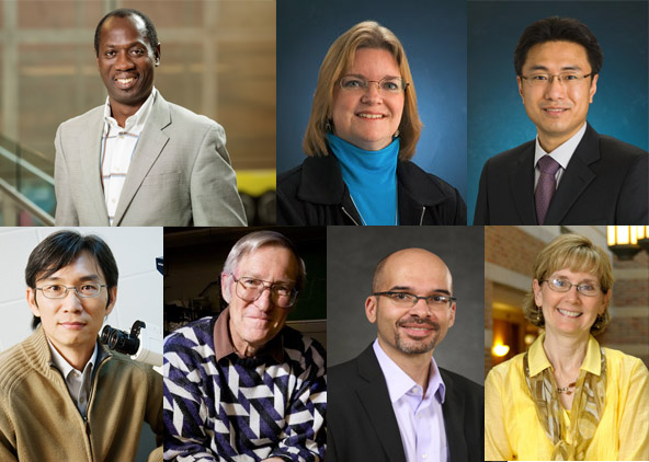 MME faculty members (from top left) include theme leader Isaac Cann of Animal Sciences; Sharon Donovan of Food Science and Human Nutrition and Nutritional Sciences; Yong-Su Jin of Food Science and Human Nutrition and Nutritional Sciences; Wen-Tso Liu of Civil and Environmental Engineering; Roderick Mackie of Animal Sciences and Nutritional Sciences; Christopher Rao of Chemical and Biomolecular Engineering; and Susan Schantz of Veterinary Medicine.