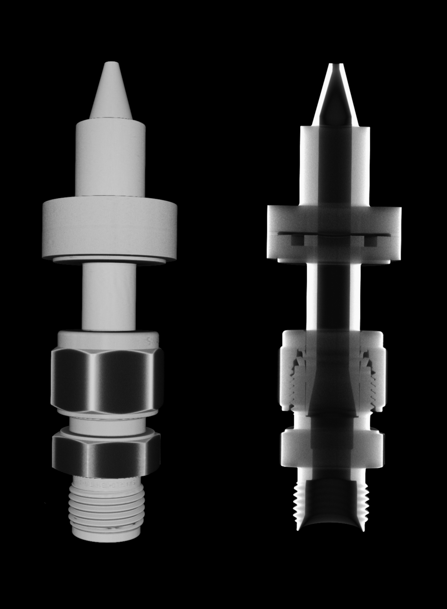 This image shows the internal construction of the "Motive nozzle", a crucial component of the two-phase ejector, which is widely used in refrigeration and air conditioning applications. 