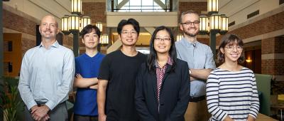 Illinois researchers have opened up the AI "black box" to gain valuable new insight about chemistry for solar energy applications. Pictured, from left: Professor Charles Schroeder, graduate students Changhyun Hwang and Seungjoo Yi, professor Ying Diao, professor Nick Jackson and graduate student Tiara Torres Flores.