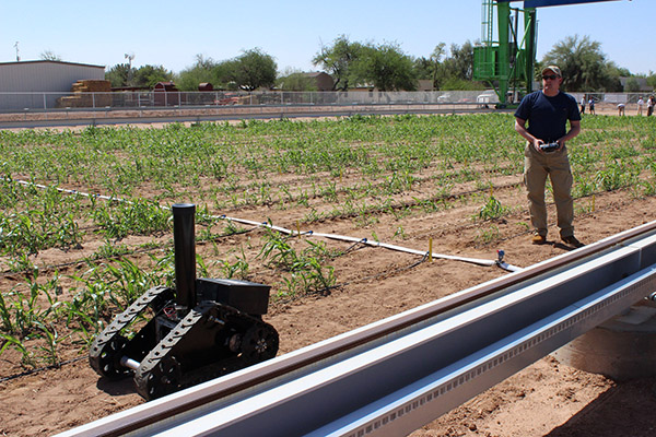 Research Assistant Professor of Civil and Environmental Engineering at Illinois Joshua Peschel demonstrates the TERRA-Mobile Energy-Crop Phenotyping Platform (MEPP) at the Maricopa Agricultural Center in Arizona. 