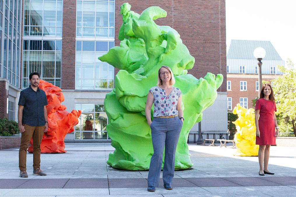 From left, mechanical science and engineering professor Gabriel Juarez, mechanical science and engineering professor Amy Wagoner Johnson, and civil and environmental engineering professor Rosa Espinosa-Marzal.