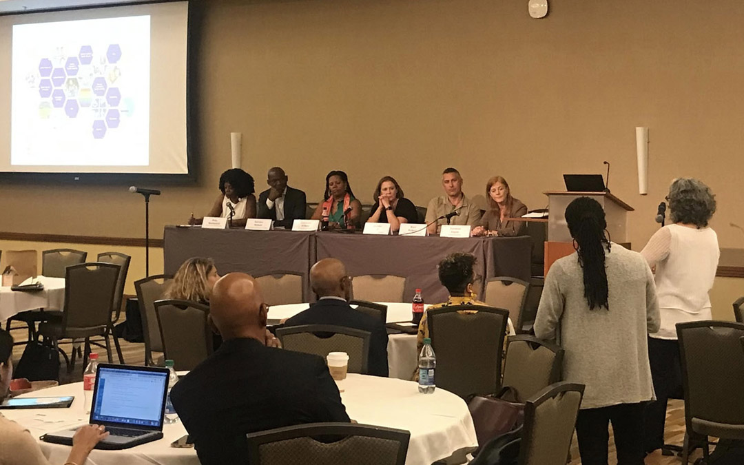 The Recruitment and Retention of Diverse Communities for Data-Intensive Genomics Research panel during the NHGRI workshop, moderated by Ruby Mendenhall (CGRH, GNDP), a professor of sociology, African American studies, urban and regional planning, gender and women’s studies and social work.