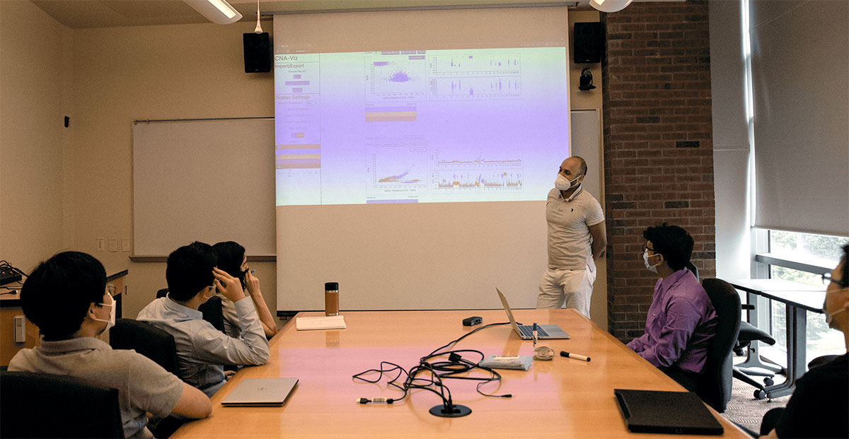 El-Kebir and lab students discussing research in a classroom. 