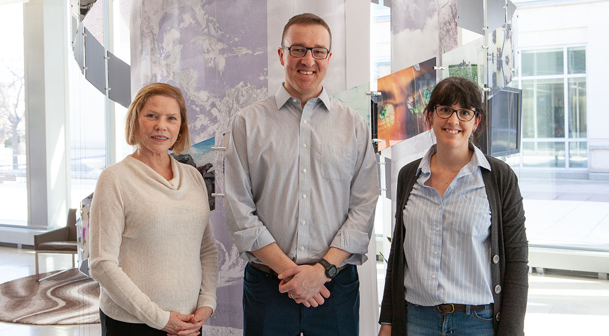 Professor of Cell and Developmental Biology Lisa Stubbs, left (GNDP theme leader) with Robert W. Schaefer Professor of Chemical and Biomolecular Engineering Brendan Harley (RBTE theme leader) and Research Assistant Professor Sara Pedron-Haba.