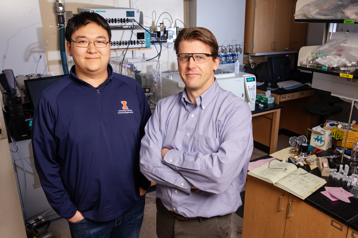 Chemical and biomolecular engineering professor and department chair Paul Kenis, right, and graduate student Shawn Lu are co-authors of a new study that examines the feasibility of a new CO2 waste-to-value technology.  