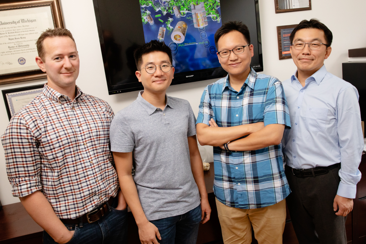 Professor of chemical and biomolecular engineering Simon Rogers, left, postdoctoral researchers Jun Pong Park and Yongbeom Seo and professor of chemical and biomolecular engineering Hyunjoon Kong led an international team that developed hydrogen peroxide-bubbling microparticles that may help eradicate dangerous biofilms.