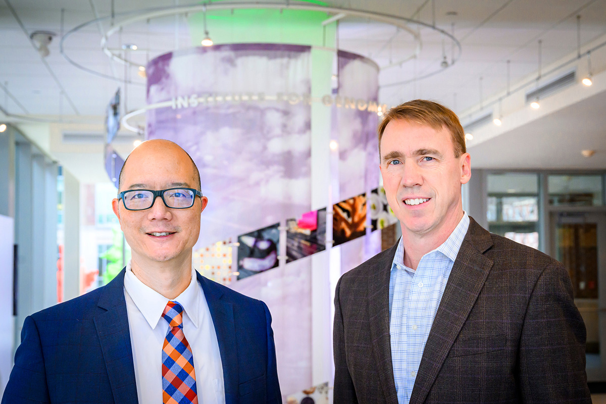 Illinois professor of veterinary clinical medicine Dr. Timothy Fan, left, and chemistry professor Paul Hergenrother. The U. of I. team found that the compound PAC-1 has therapeutic potential in pet dogs with spontaneously occurring cancers. The animal studies set the stage for the human clinical trials.