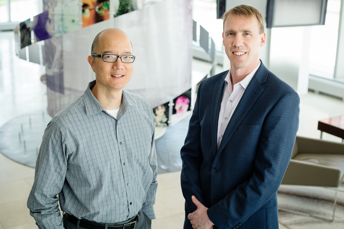 U. of I. veterinary oncologist Dr. Timothy Fan, left, chemistry professor Paul Hergenrother and their colleagues are testing the safety of a new cancer drug in a clinical trial for humans with late-stage brain cancer. The compound has worked well in canine patients with brain cancer, lymphoma and osteosarcoma.