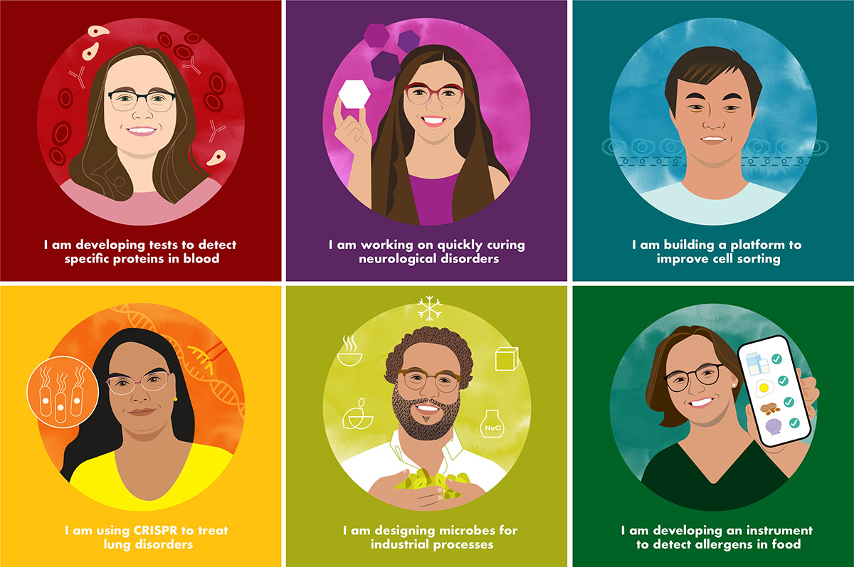 Participants from the 2022 Young Innovator program. Clockwise from top left: Skye Shepherd, Alejandra Zeballos, Jason Wang, Amanda Bacon, Ruben Sanchez Nieves, and Devyani Swami