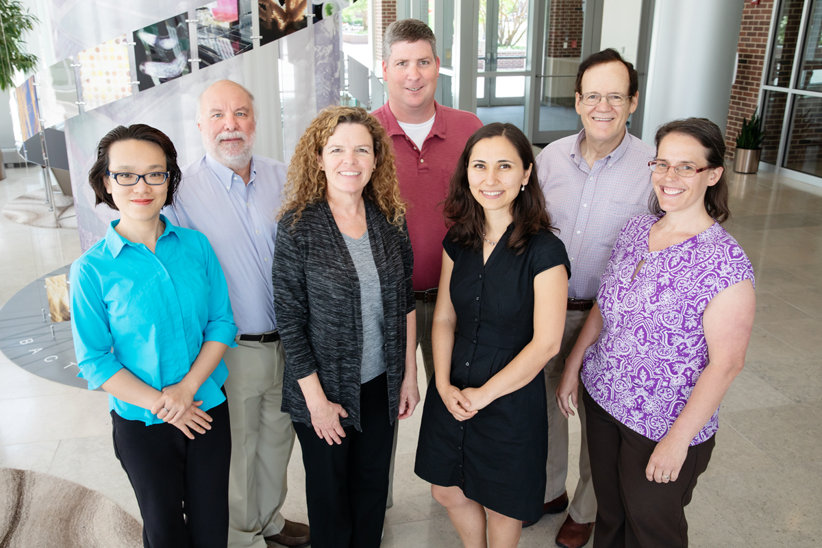 Estrogen supplements change the bacterial composition in the intestinal tract, affecting how estrogen is metabolized, according to a new study in mice by researchers at the U. of I. From left (front row): postdoctoral research associate Xiaoji (Christine) Liu; Colleen Bushell, National Center for Supercomputing Applications senior research scientist; food science and human nutrition professor Zeynep Madak-Erdogan; epidemiology professor Becca Smith. Back row, from left: Michael Welge, NSCA senior data analytics advisor; microbiology professor Michael Miller; and chemistry professor John Katzenellenbogen.